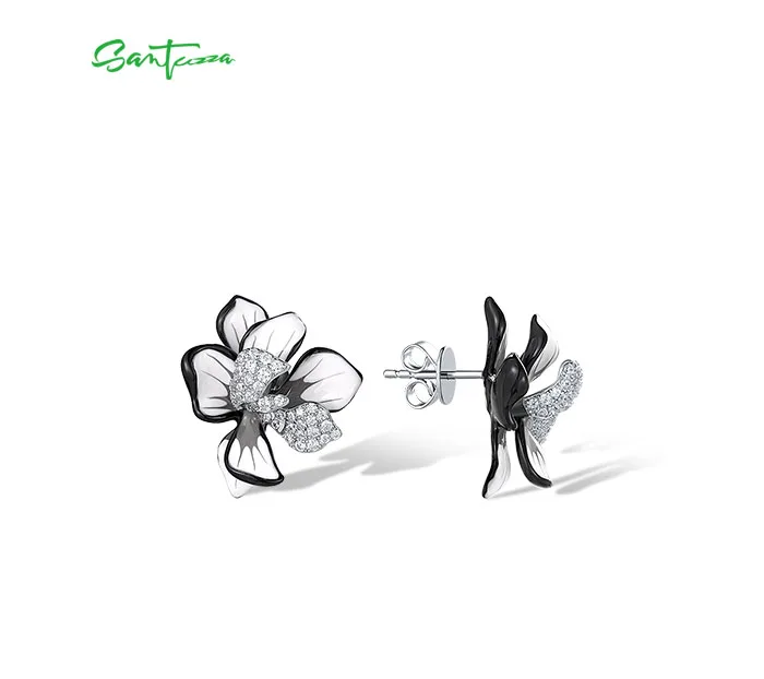 SANTUZZA Ohrstecker aus reinem 925er Sterlingsilber für Damen, funkelnde lila & weiße Emaille-Blume, schicker Hochzeitsschmuck, edler Partyschmuck. – Detail 4