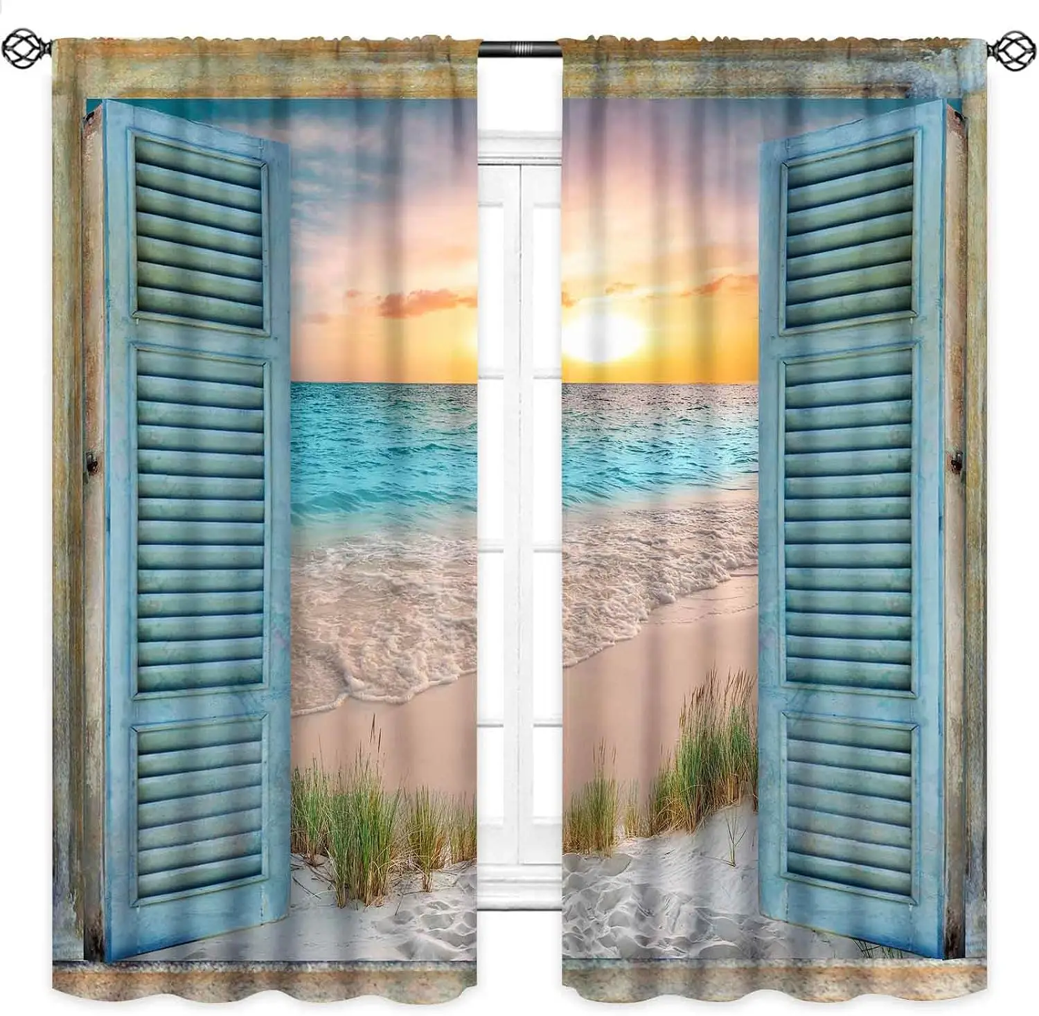 Coastal Tropical Beach Sunset Curtains Blue Shutter Window Decor Ocean View Drapery Waterproof Bathroom Living Room Curtain