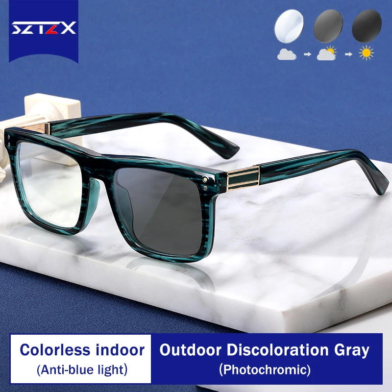 SZTZX New Casual Texture Men's Square Glasses Frames Anti-Blue Light Reading Glasses Photochromic Customizable Myopia Hyperopia