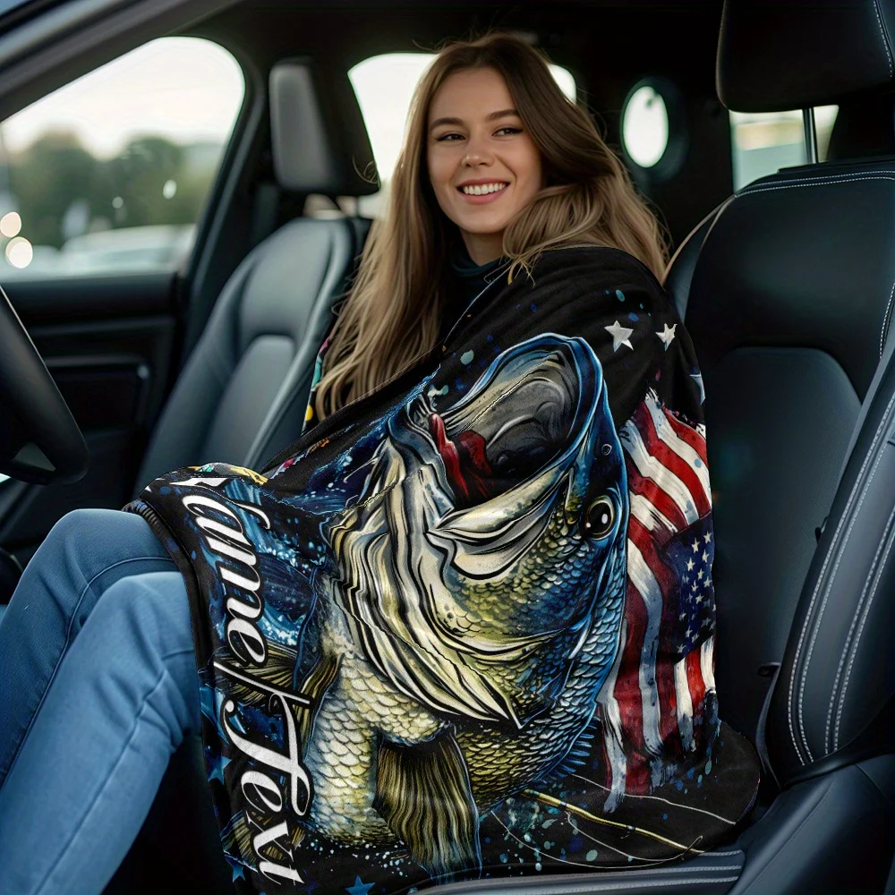 Custom Name Fish & American Flag Flannel Blanket - Glam Style Polyester 100% Knit Fabric, Digital Print, Tear Resistant
