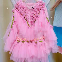 Women 3D Flowers Coocheted Sweater Coat Spring Mesh Spliced Ruffles Soft Roses Knitted Cardigan Gauze Ruched Jumpers Tops Sueter