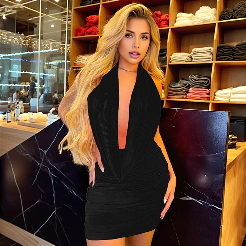 ABP-Women's Deep V Neck Halter Bodycon Mini Dress Sleeveless Party Club Dresses