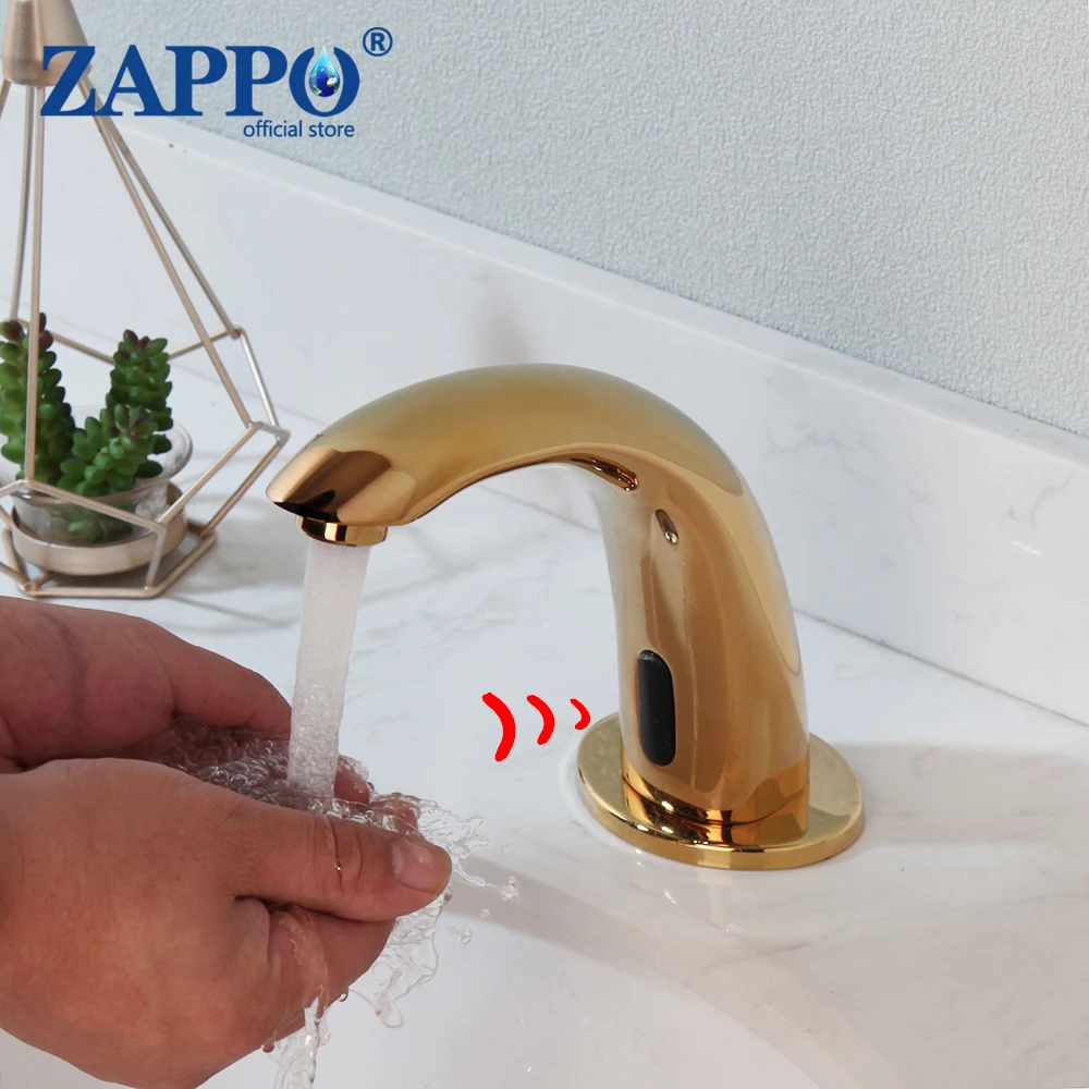ZAPPO Gold Automatic Sensor Bathroom Faucet Touchless Infrared Motion Sensor Tap Cold Hot Water Hands‑Free Basin Mixer Tap