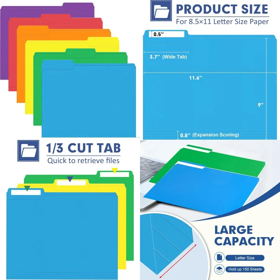 

File Folder PANDRI 120 Pack Colored File Folder 1/3 Cut Tab Letter Size Assorted 6 Colors Filing Folder for Office School Busin