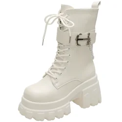 9CM Chunky Platform Mid-Calf Boots Women New Autumn Winter Motorcycle Boots Woman Thick Bottom Non Slip Leather Combat Boots