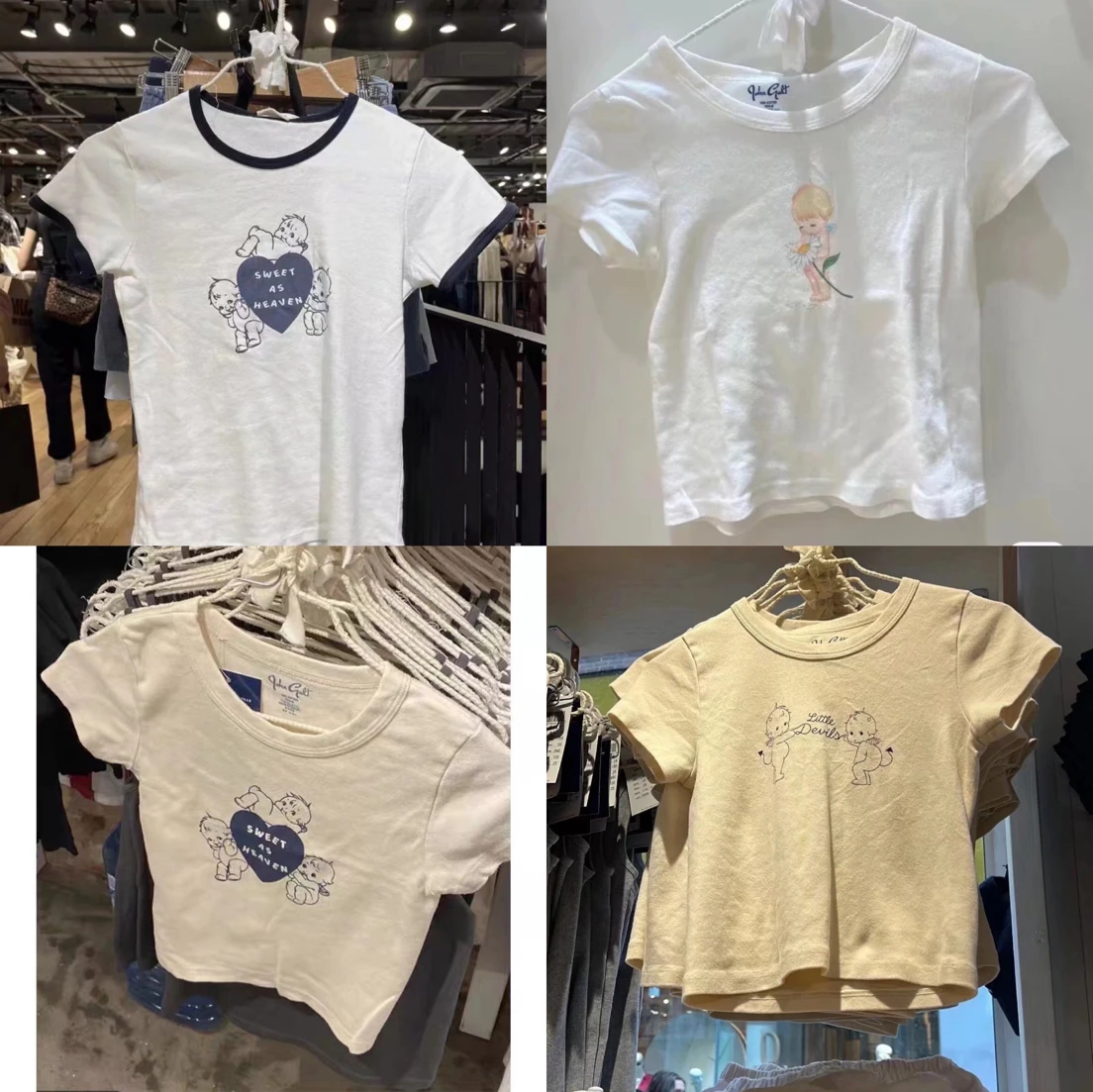 Camiseta de algodón de manga corta con estampado retro de corazón de ángel Brandy Girl, estilo corto de cintura alta, linda y dulce, estilo universitario, cuello redondo