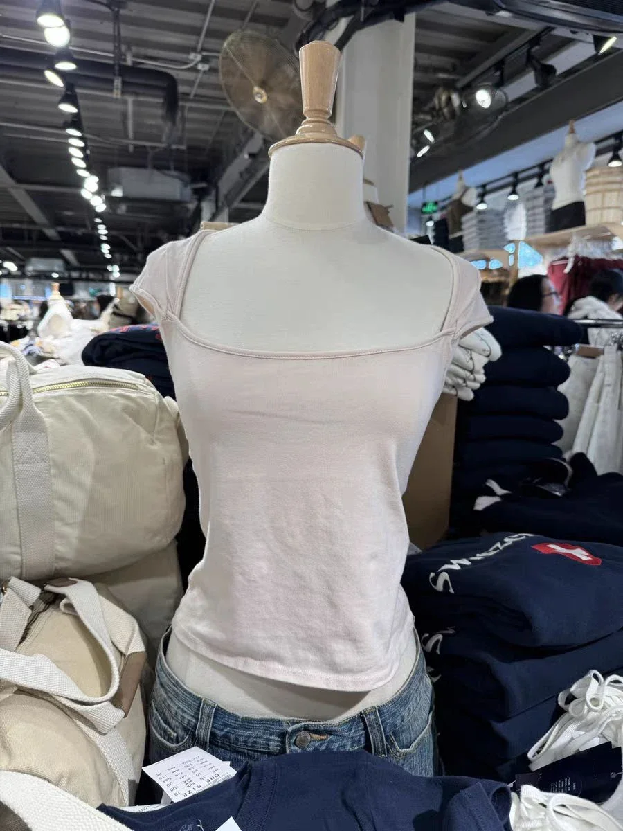 

New Pink Sleeveless Slim T-shirt Woman Summer Roll Hem Square Collar Cotton Tee Shirt Sweet Preppy Style Cute Y2k Crop Top