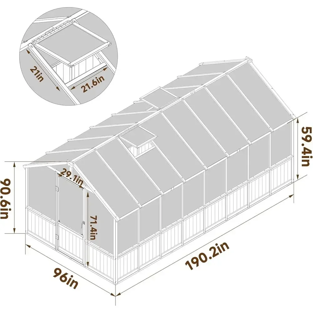 8x16 Wooden Walk-in Greenhouse with 6mm Polycarbonate Panels, Adjustable Roof Vents, Lockable Door, Suitable for Outdoor Garden,