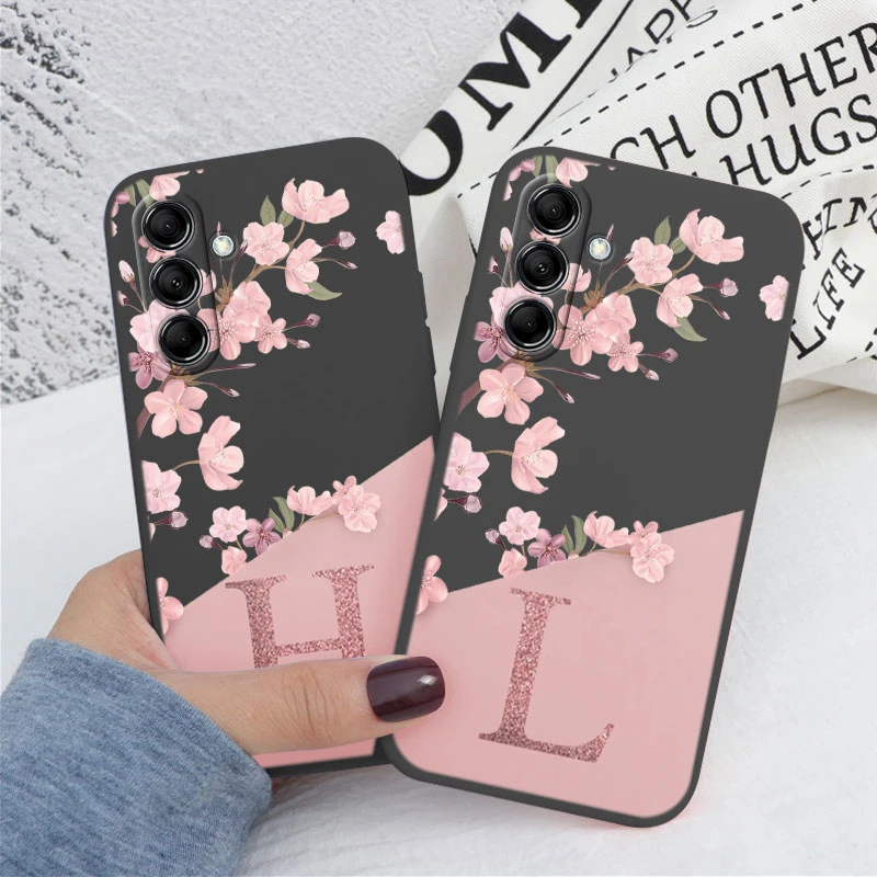Initial Letter A Z Case For Samsung Galaxy A54 A55 A56 A06 Cover Pink Flowers Soft Silicone Back Funda Coque Bumper Couple Bags