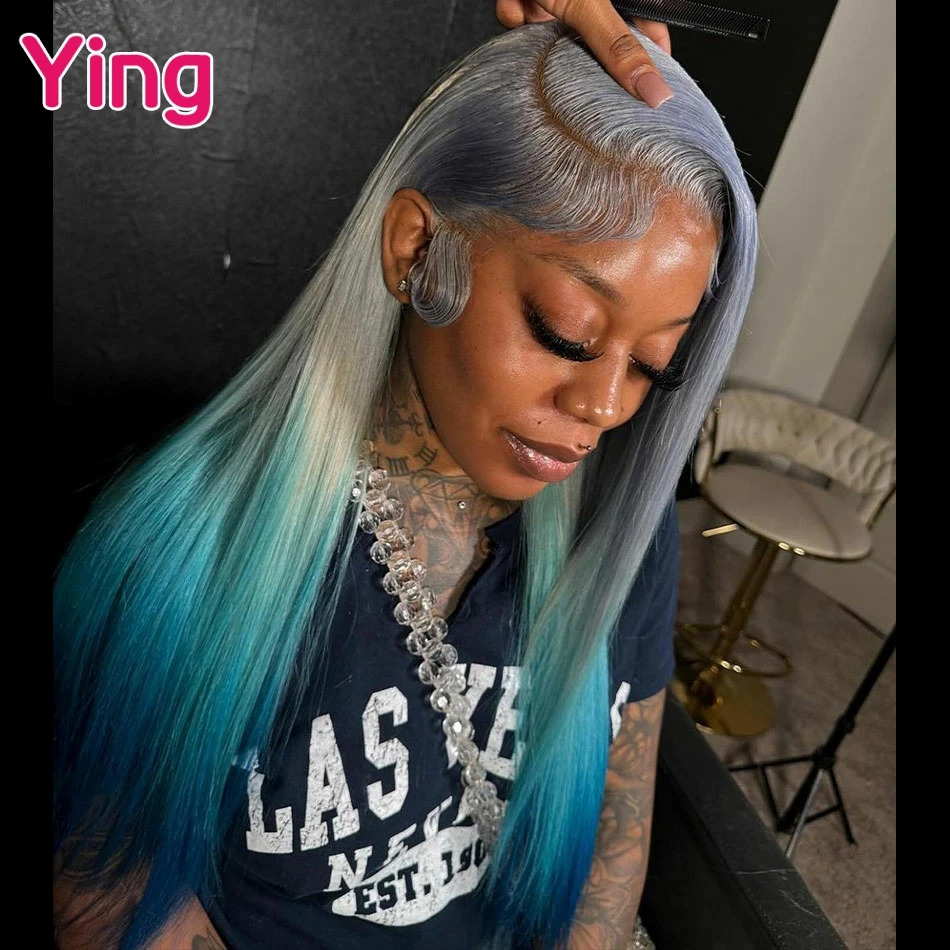 Grey Omber Azure Blue Straight 13x6 Transparent Lace Front Wigs Human Hair Brazilian Remy 180% PrePlucked 13X4 Lace Front Wigs