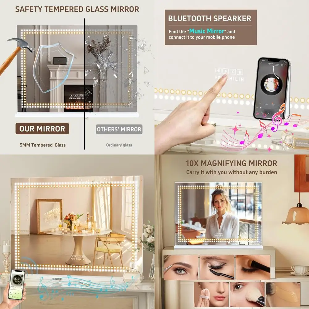مرآة زينة بإضاءة LED 31.5 × 22.8 مع مكبر صوت بلوتوث ومنفذ شحن USB، 3 أوضاع ألوان #1