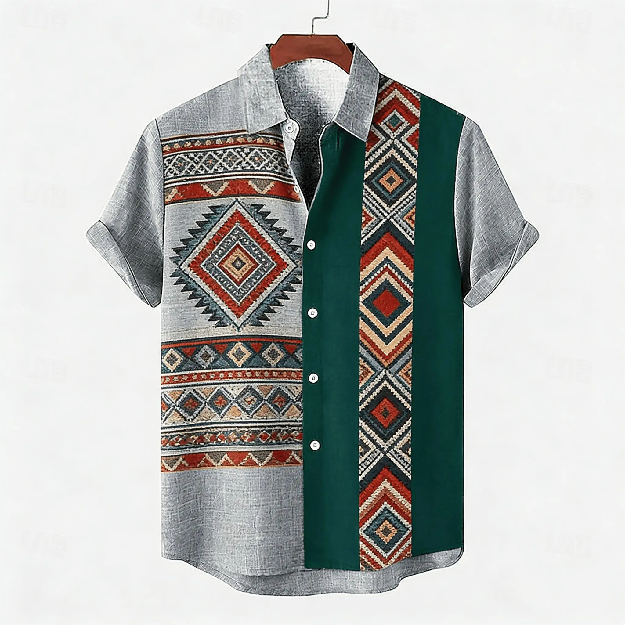 Men's Ethnic Aztec Geometric Print Short Sleeve Shirt, Pattern with Color Block Design Button Down for Spring Summer