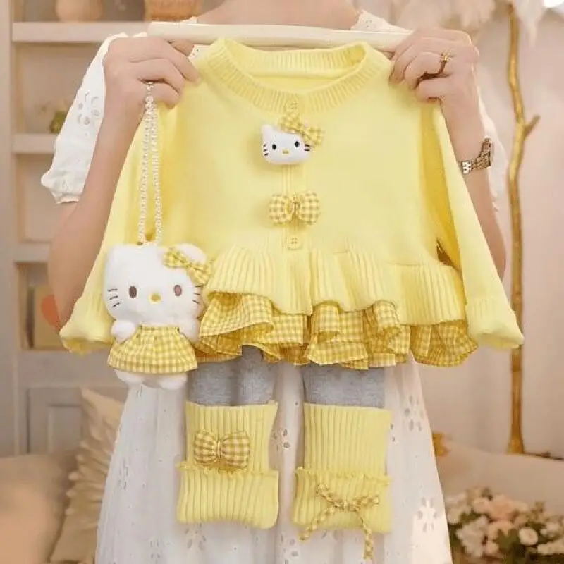 

Комплект из свитера и брюк Hello Kitty для девочек, вязаная модная ретро-одежда для девочек, осенне-зимний новый костюм, брюки