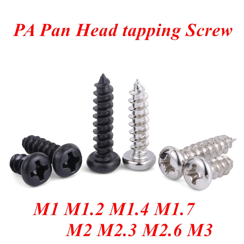 1000pcs Black Self Tapping Screws PA M1 M1.2 M1.4 M1.5 M1.7 M2 M2.3 M2.6 M3 Small Phillips Pan Head Laptop Screws computer screw