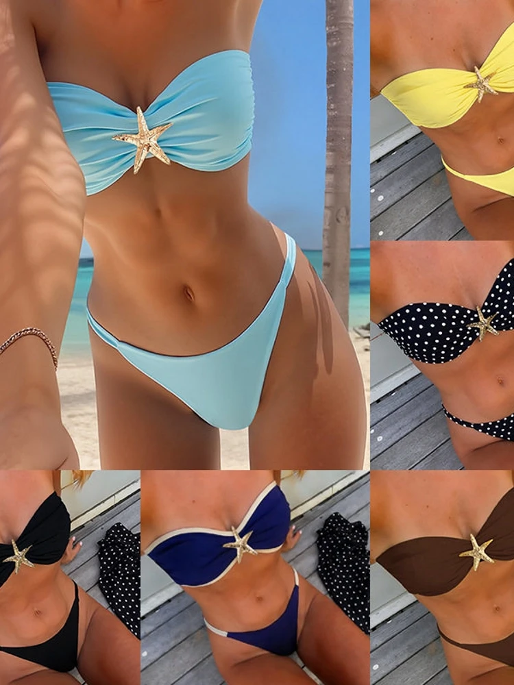 

Sexy Bikini Pure Color Starfish Decorated Two-Piece Swimsuit Casual Surfing Suit with Chest Pad No Steel Support Polyester