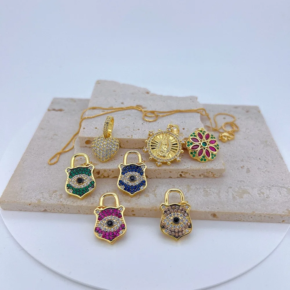 

1 Pcs Micro Inlaid Colorful Zircon Pendant Diy Jewelry Accessories Brass Plated Heart Shaped Lock Saint Flower Necklace Supplies