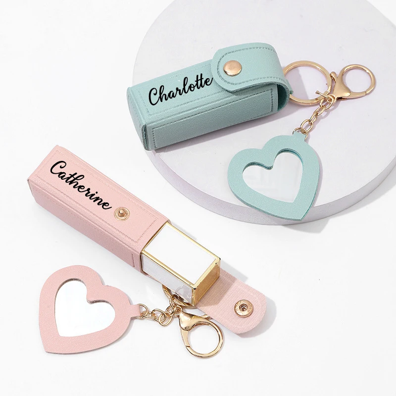 Custom Name Leather Lipstick Bag Keychain with Mirror, Portable Mini Makeup Pouch Lipstick Protective for Women Daily Use & Gift