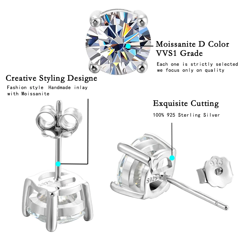 URMYLADY 2 Carat 8.0mm D Color Moissanite Stud Earrings For Women Top Quality 100% 925 Sterling Silver Sparkling Wedding Jewelry