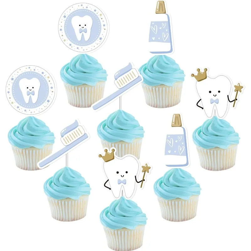 36Pcs Tooth Cupcake Toppers Blue First Tooth Cake Decorations Dental Themed Baby Shower Cupcake Toppers Dentist Decor for Boys