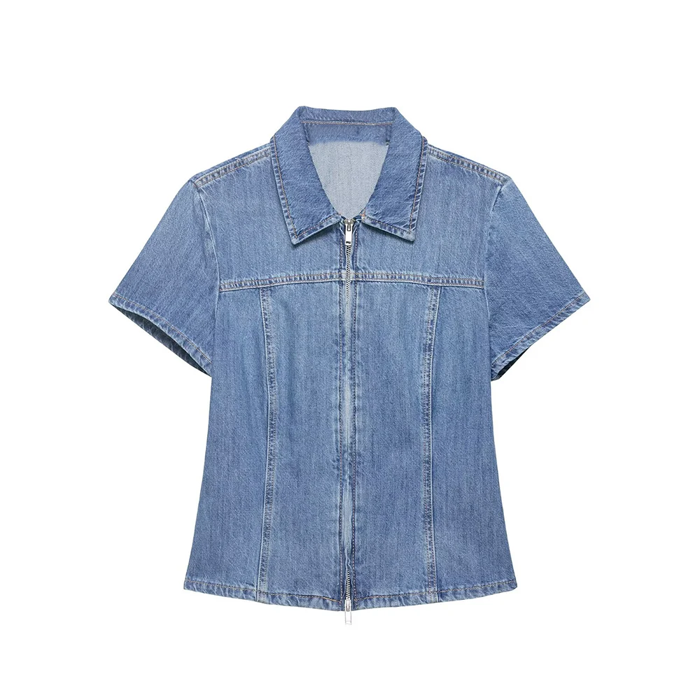 

WOMAN 2026 Summer Chic New Fashion Zipper Denim Blouses Retro Lapel Shorts Sleeve Casual Female Shirts Blusas Tops
