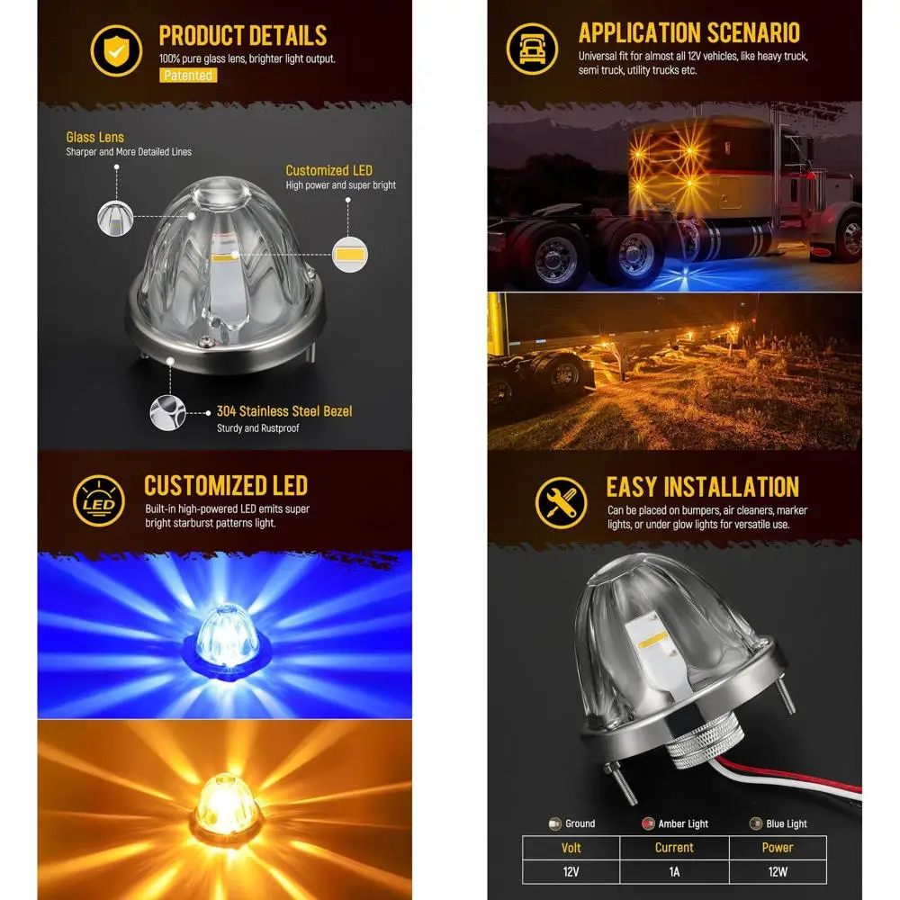 

2 шт. двухцветные янтарные/синие светодиодные стеклянные линзы, арбузные фонари [пацентные] указатели поворота, габаритные фонари с рамкой из нержавеющей стали Com