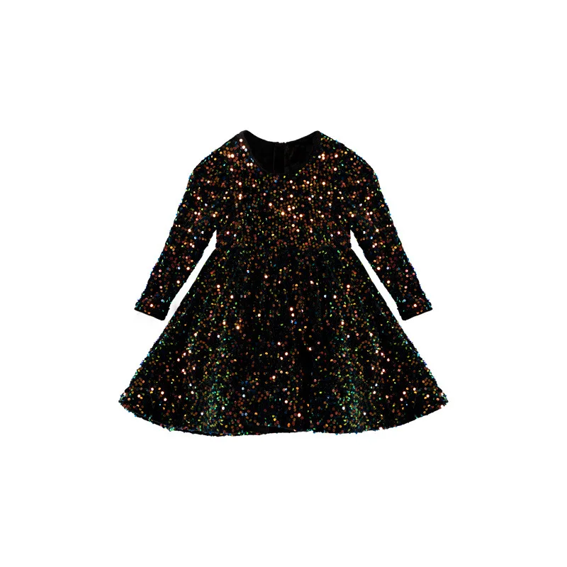 Girls\' dress velvet children\'s princess sequins baby 2023 newr long sleeves dress birthday party bow