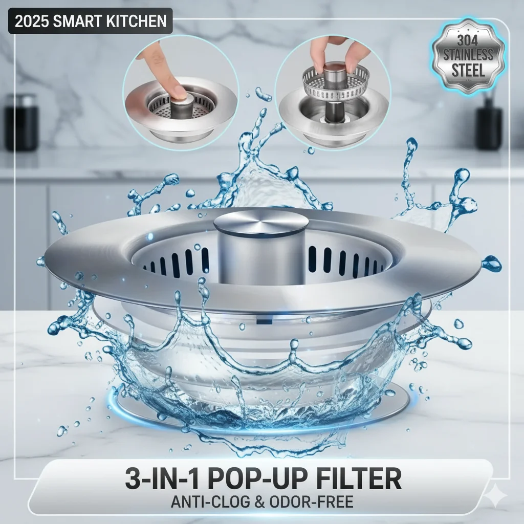 

3-in-1 Stainless Steel Sink Strainer with Pop-Up Stopper – Anti-Clog Drain Filter with Odor Seal for Kitchen Sink