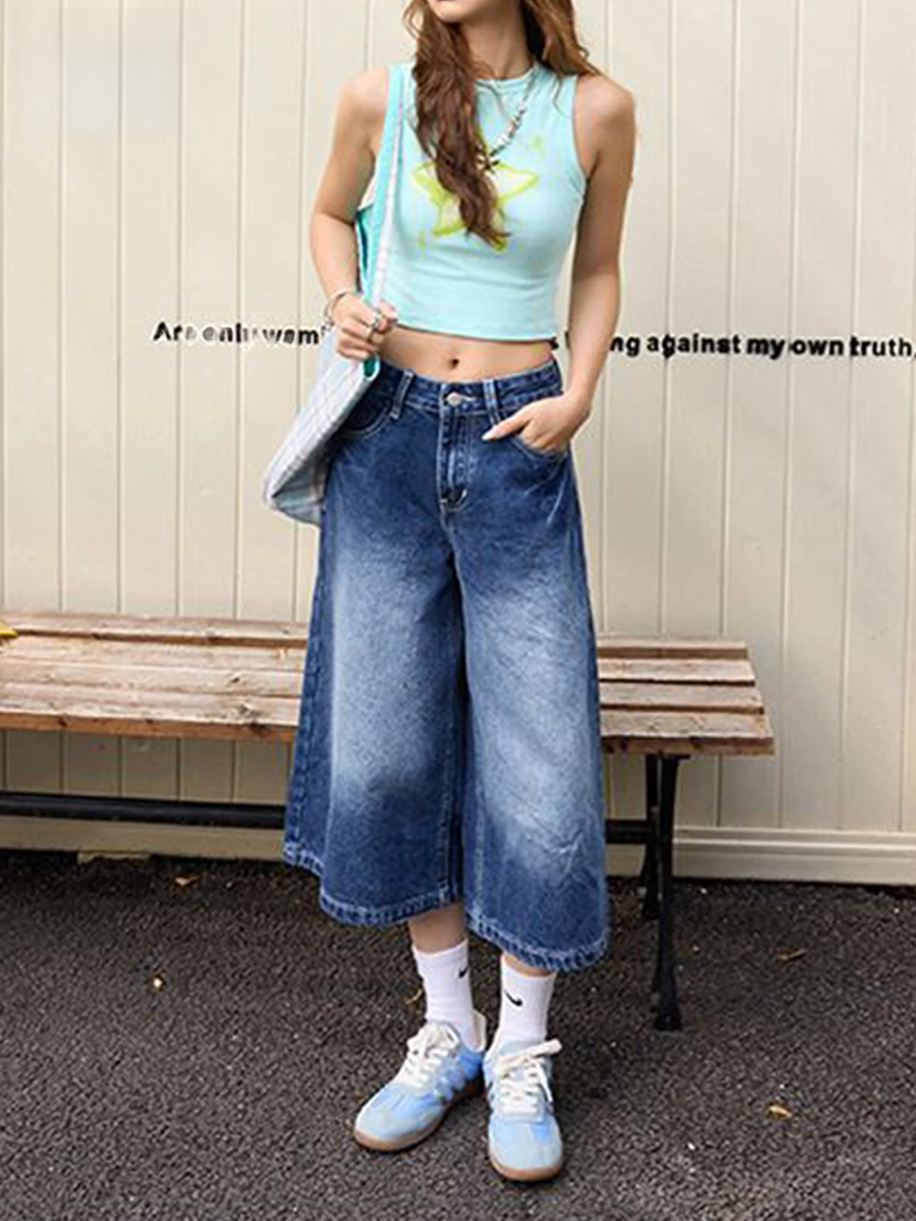 

Синие джинсы в американском стиле с высокой талией, прямые, свободные, широкие брюки для женщин, летние, стройнящие, из выстиранного денима, повседневные, с высокой талией