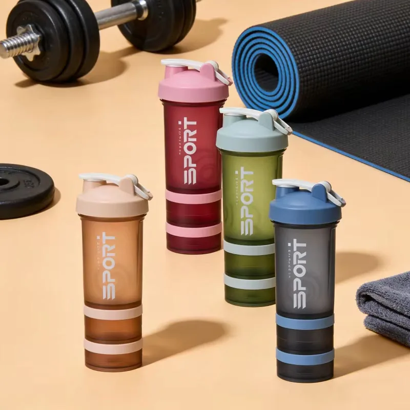 1-4PCS Solid Color Letter Print Simple Design 3 Layer Shaker Bottle with Handle for Protein Mixing Sports Gym Workout Portable