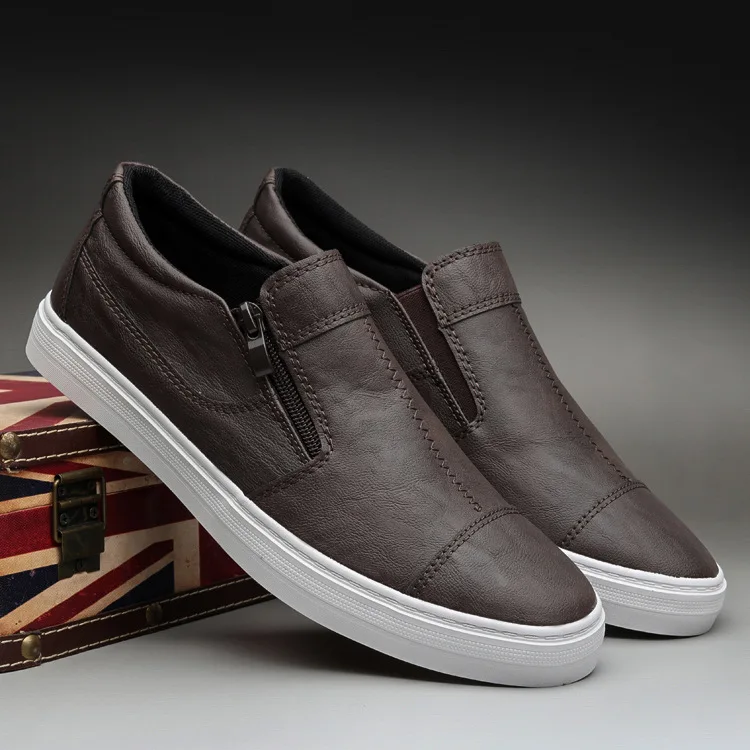 Men's Casual PU Leather Shoes Fashion Korean Version Zip Shoes Breathable Comfortable Flat Shoes Loafers Sneakers