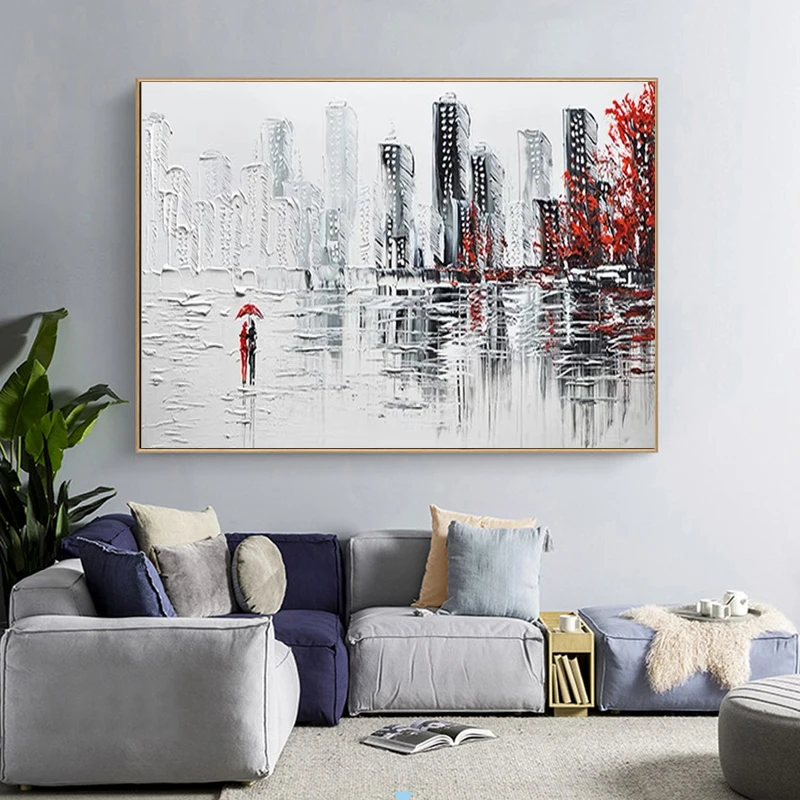 100% Handmade Abstract Thick Impasto Knife Oil Painting Canvas Wall Decor, Monochrome Rain City Couple Modern Home Acrylic Art