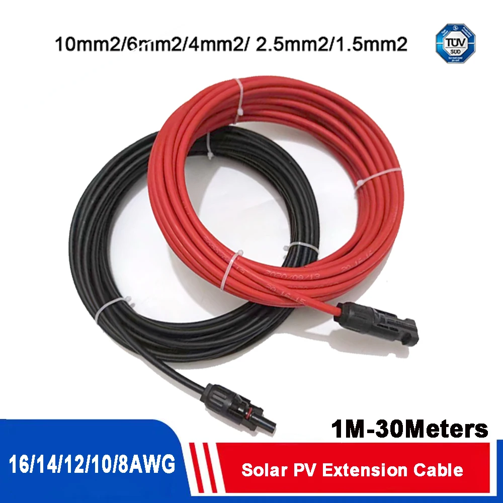 1 Pair 6/4/2.5/1.5 mm2 10/12/14 AWG Solar Panel Extension Cable Copper Wire Black Solar PV Cable and Red with solar Connectors