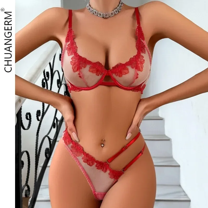 CHUANGERM Sexy Erotic Lingerie Floral Embroidery Fainly 18 Woman Push Up Lace Transparent Undenwear Women's Nightwear Set Outfit