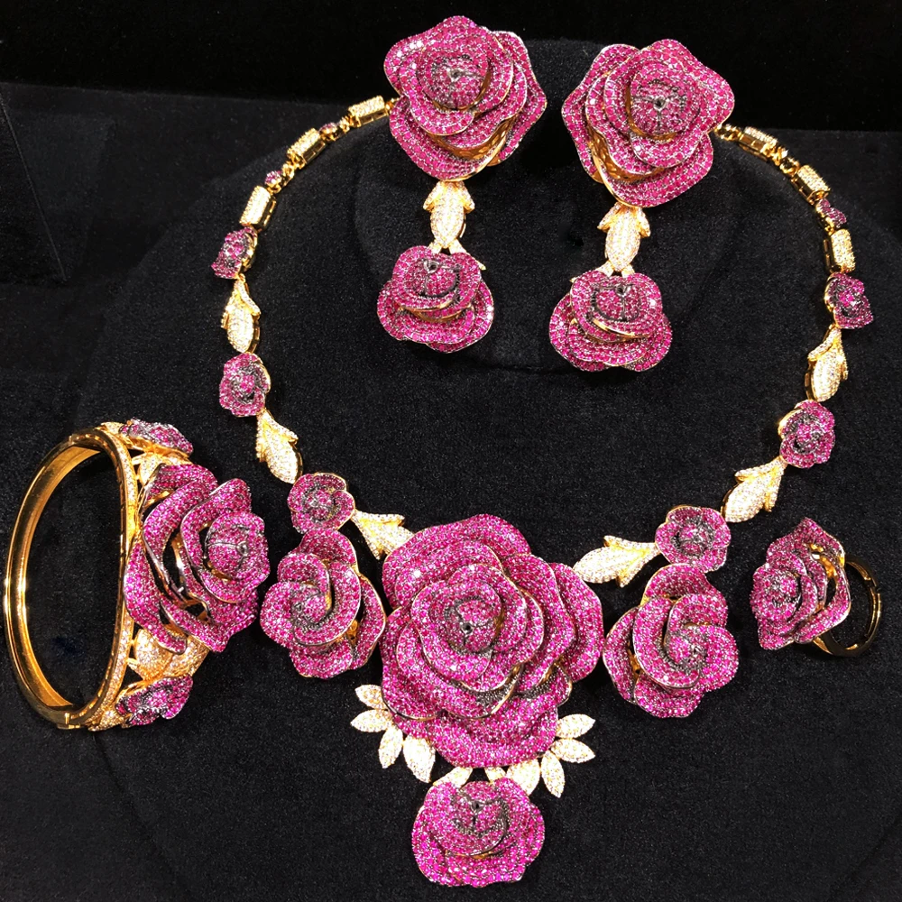 

Soramoore Luxury 4pcs Bloom Flowers Necklace Bangle Earrings Ring Jewelry Set For Women Party Bridal Wedding Accessories Gift