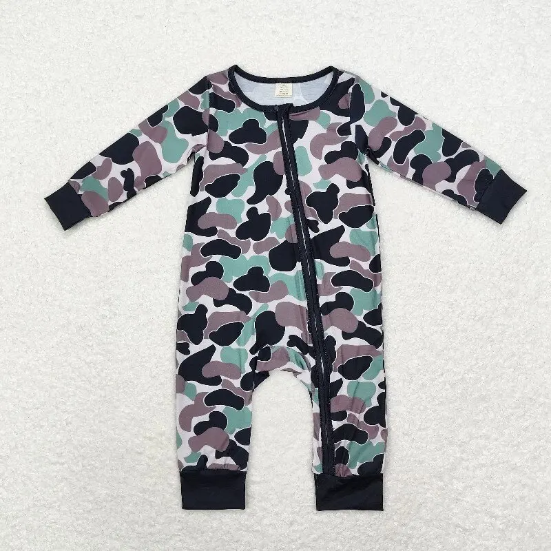 8.21 Bamboo Baby Boys Romper Long Sleeve Zipper Onesie in Brown Green Black Camouflage Beige - Wholesale Boutique Quality