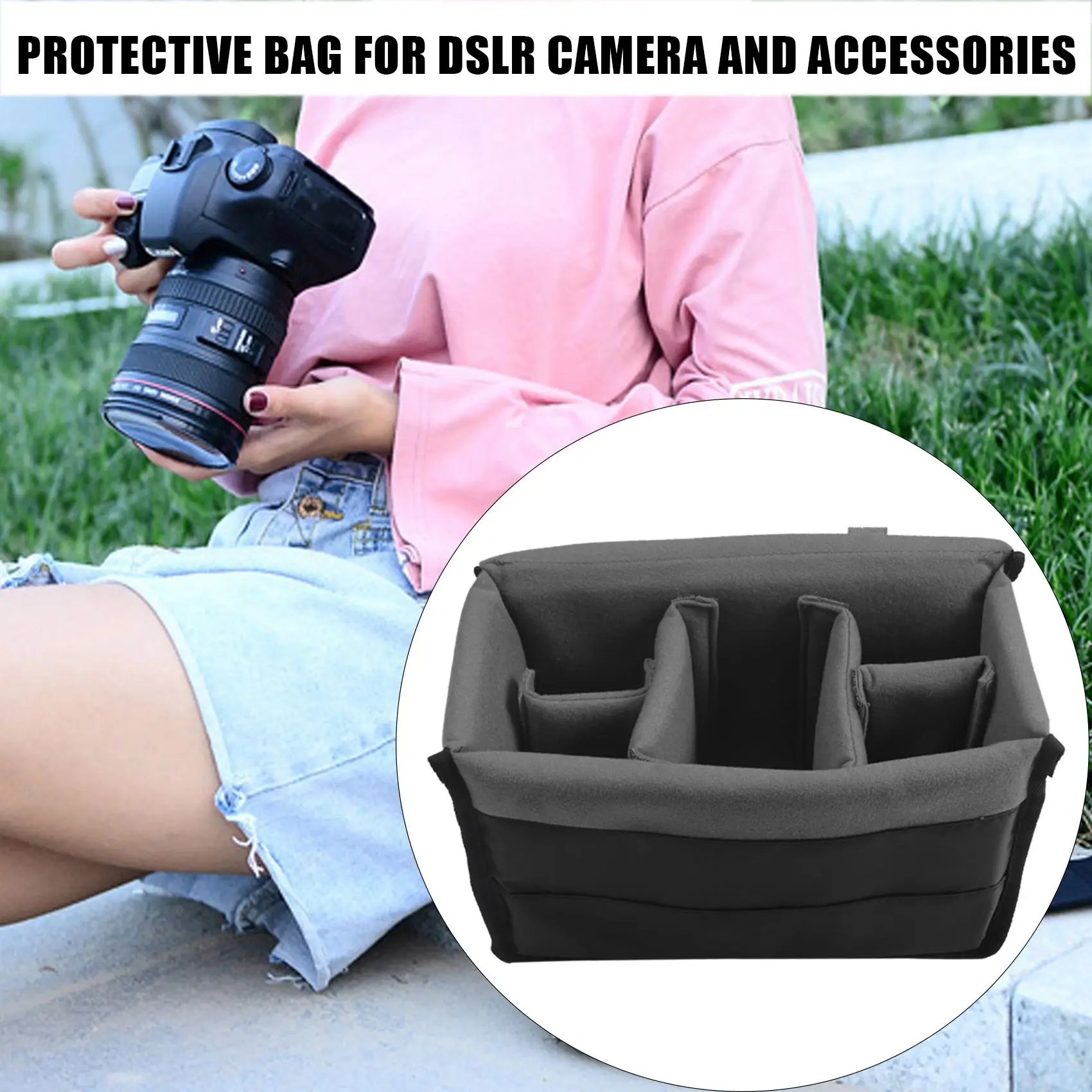 Padded Protective Bag Insert Liner Case for DSLR Camera, Lens and Accessories Black