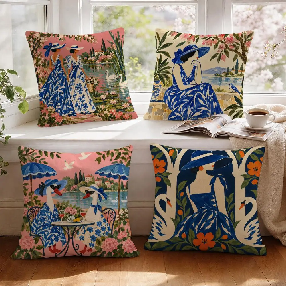 Blue Garden Figures Cushion Cover 1/4Pcs Linen Throw Pillow Covers Double-Side Print Sofa Couch Living Room Decor