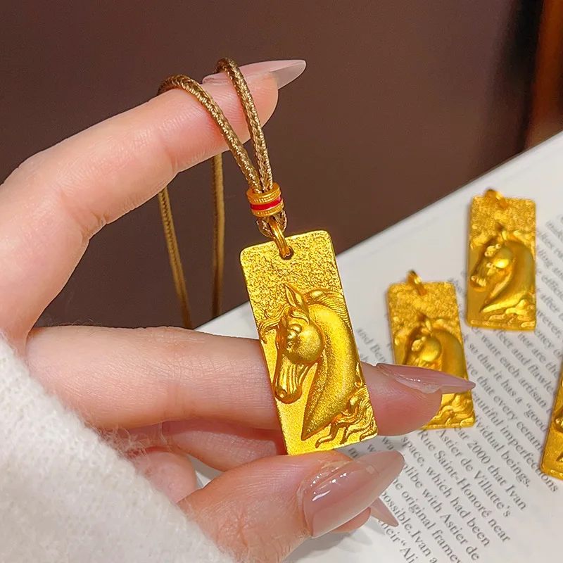 

Luxury 24K 9999 Pure Gold real gold Everything goes smoothly Horse Head Square Pendant Necklace Horse Zodiac Pendant