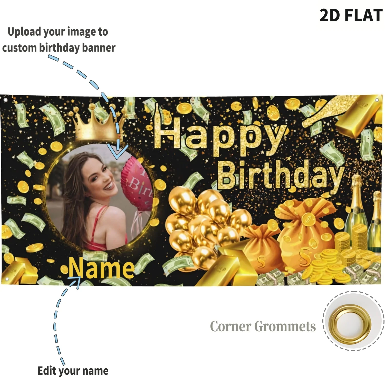 

2D Black and Gold Happy Birthday Polyester Banner Backdrop, Funny/ Interesting Banner Outdoor/Indoor Decoration Backdrop