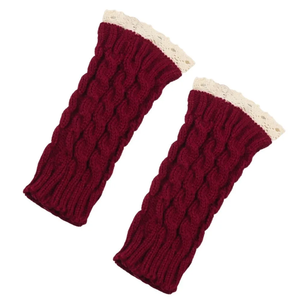 Fashion Lace Trim Fingerless Mittens Long Thicken Women Knitted Gloves Warm Wrist Protection Arm Warmers Winter Season
