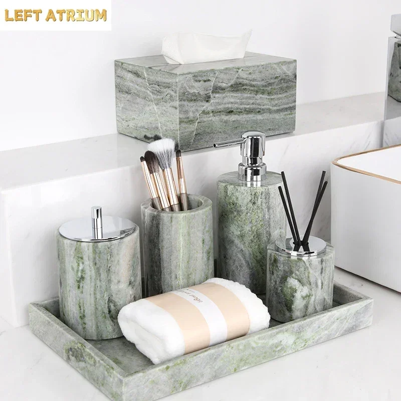 Emerald Green Natural Marble Bathroom Set Luxury Soap Dish Cotton Swabs Jar Reed Diffuser Vanity Tray Bathroom Accessories