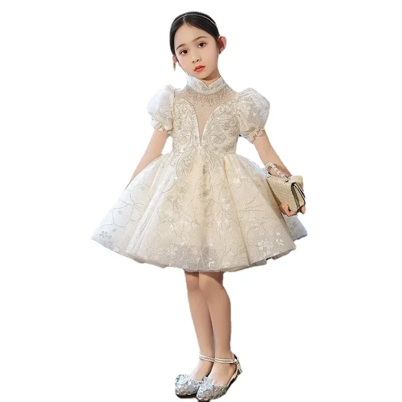 2023 Children Pageant Gown Champagne Kids Dresses for 2-12T Girls Dress for Party Wedding Sequins Baby Girl Princess Tutu Dress