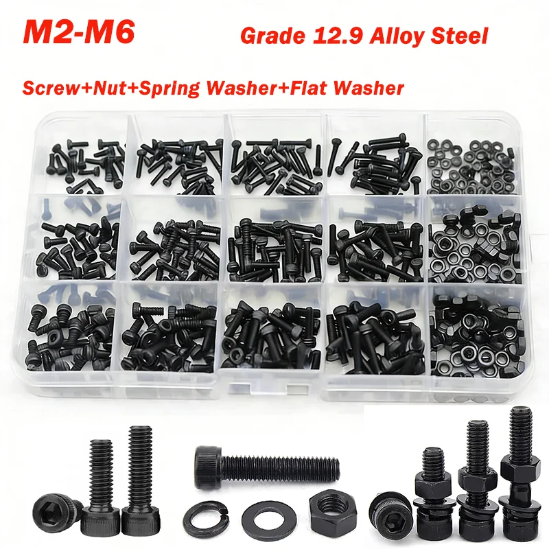 1-Box M2-M6 Alloy Steel Grade 12.9 Black Hexagon Hex Socket Head Cap Allen Bolt Screw Set Screw&Nut&Spring Washer&Flat Washer