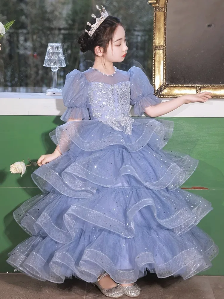 Children's dress Blue puffed sleeve princess dress Girls pompadour host catwalk flower children piano performance dress