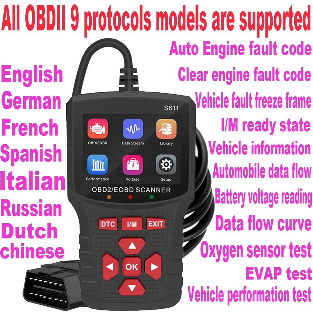 

S611 OBD2 9 протокол автоматический для очистки автомобиля считыватель кодов неисправностей профессиональный автомобильный двигатель диагностика неисправностей автомобильный сканер инструменты