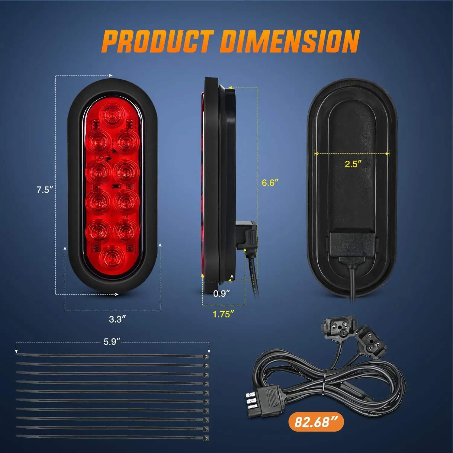 Hitch Cargo Carrier Light Kit 2PCS 6Inch Red Oval LED with Flush Mount Grommets Wire Harness Waterproof Stop Signals Tail Lights