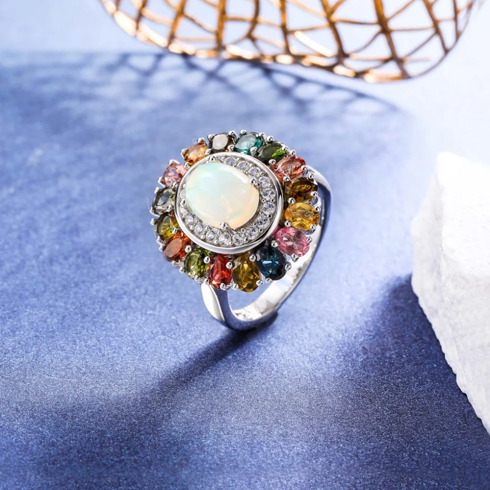 GZ ZONGFA Pure 925 Sterling Silve Big Flower Ring for Women Natural Opal Colorful Tourmaline Gems High Quality Fine Jewelry