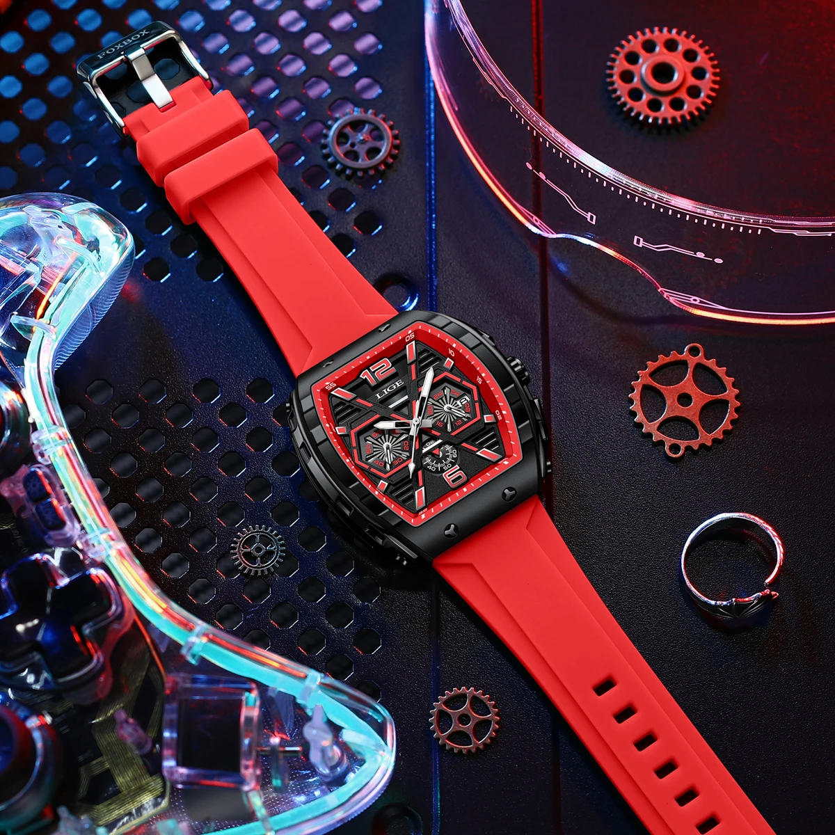 LIGE Top Brand Luxury Watches Mens Sports Waterproof Silicone Quartz Chronograph Watch for Men Luminous Square Man Watch Clock