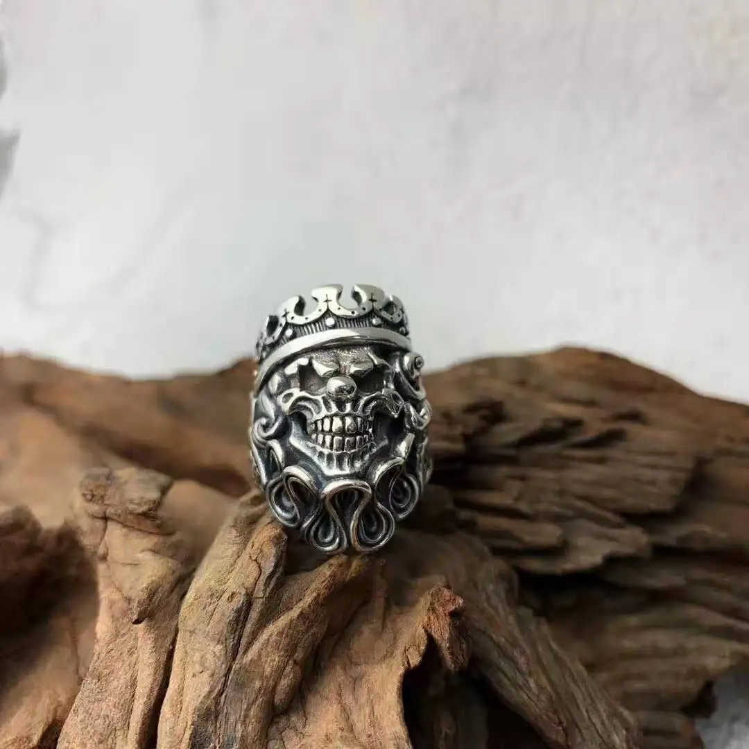 Nightclub Thai Silver Powerful Motorcycle Rock Skull 925 Silver Ring Men's Trendy Personality Open Ring Index Finger Ring