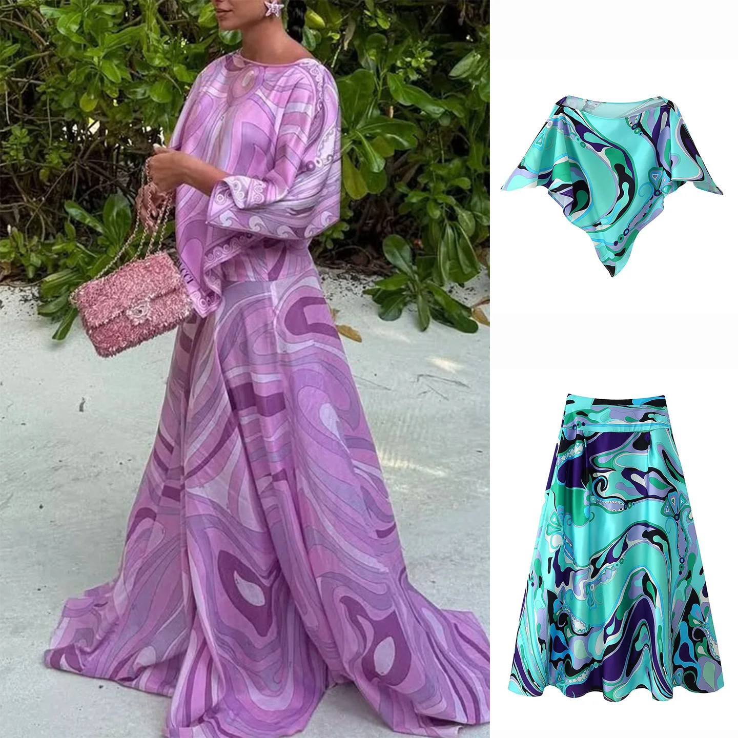 

Vaion Sle awl Printed Top + Strapl Bal Printed Top + High Waist Long Printed f-length Skirt Women's Faion